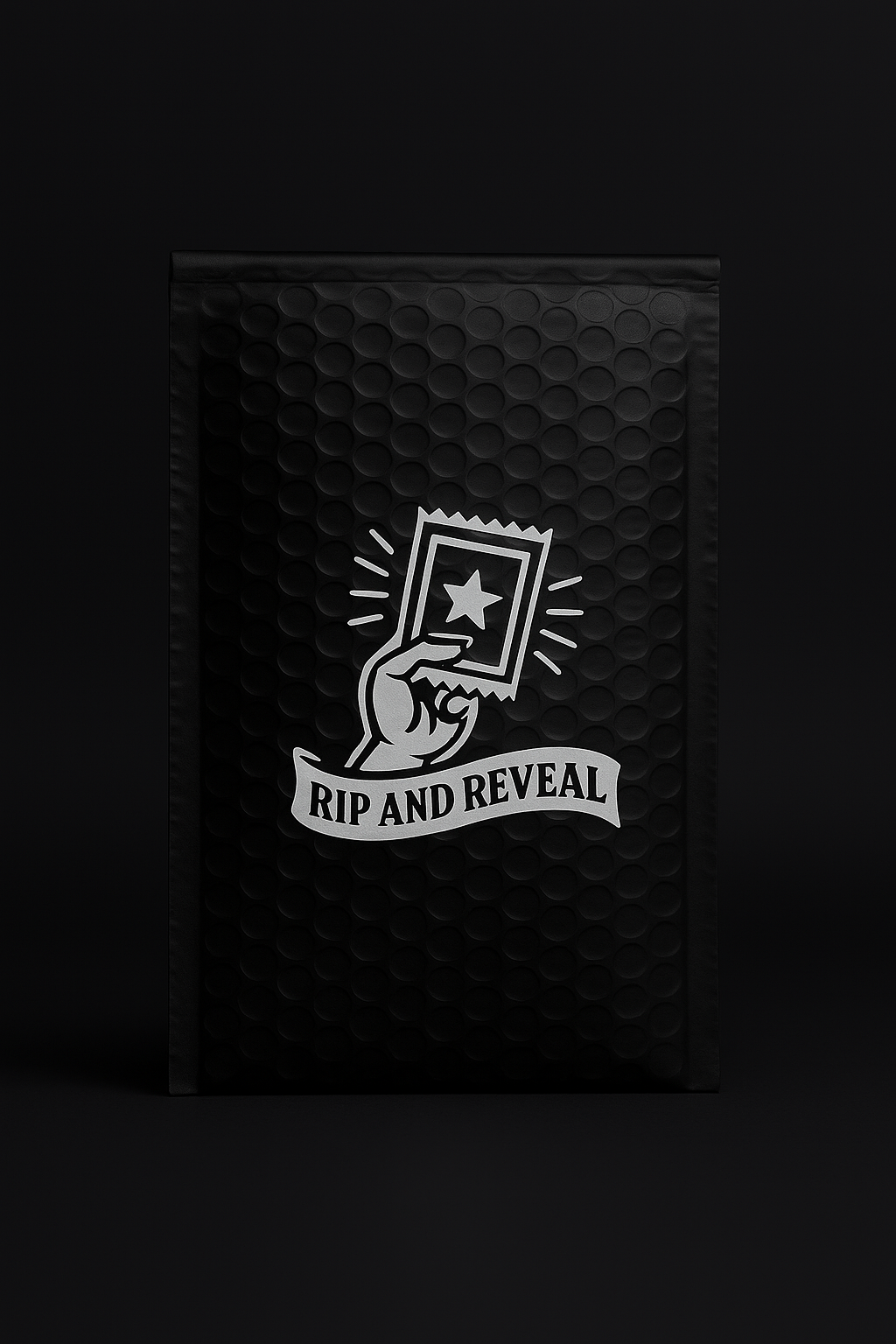 Black textured envelope with white logo and text 'Rip and Reveal' on a black background