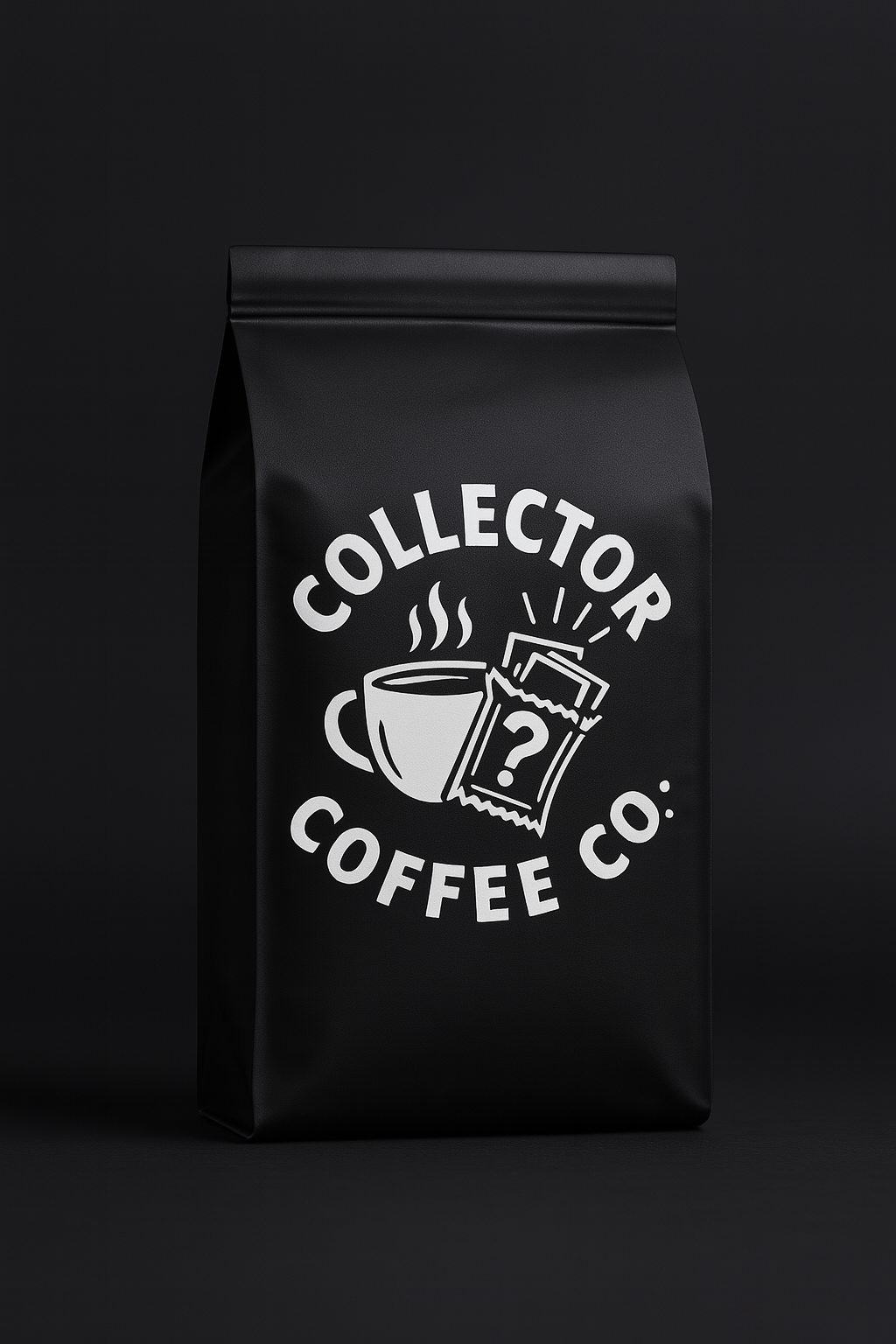 Black coffee bag with 'Collector Coffee Co.' logo on a black background