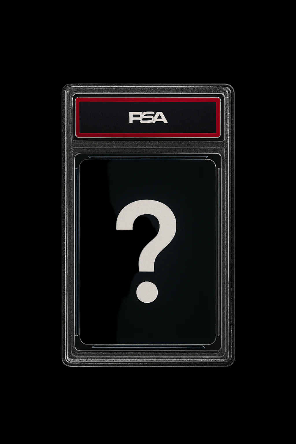 Trading card packaging with a question mark on a black background
